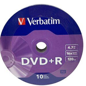 Verbatim DVD+R 4.7GB 120Min 16X Speed 10-Pack Disc Spindle For Data & Video 19L